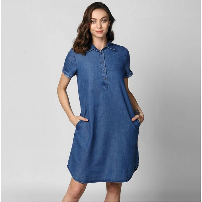 Mayawye Women's Denim Solid Collar Neck Short Sleeve Dress (Blue)