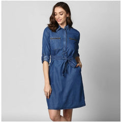 Mayawye Women's Denim Solid Collar Neck Roll Up Sleeve Dress (Blue)