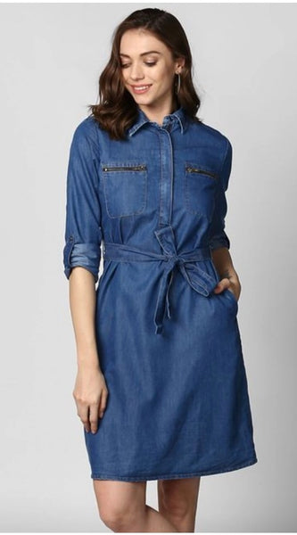 Mayawye Women's Denim Solid Collar Neck Roll Up Sleeve Dress (Blue)