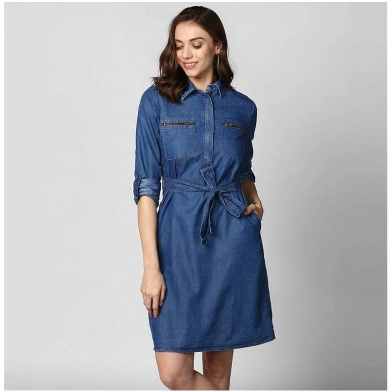 Mayawye Women's Denim Solid Collar Neck Roll Up Sleeve Dress (Blue)