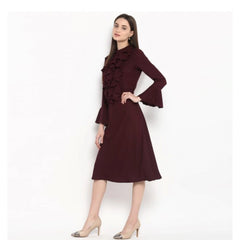 Mayawye Women's Polyester Ruffled Close Neck Bell Sleeve Dress (Maroon)