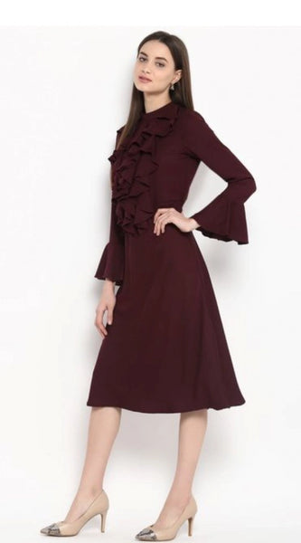 Mayawye Women's Polyester Ruffled Close Neck Bell Sleeve Dress (Maroon)