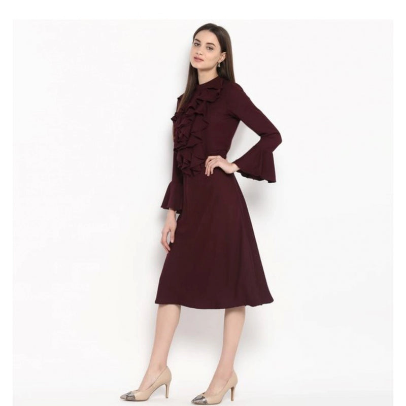 Mayawye Women's Polyester Ruffled Close Neck Bell Sleeve Dress (Maroon)
