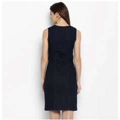 Mayawye Women's Denim Solid Square Neck Sleeveless Dress (Blue)