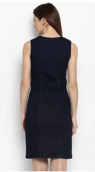 Mayawye Women's Denim Solid Square Neck Sleeveless Dress (Blue)