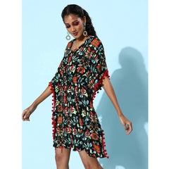 Mayawye Women's Polyester Moss Printed Round Neck Kaftan Sleeve Dress (Multicolor)
