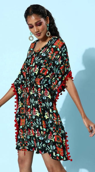 Mayawye Women's Polyester Moss Printed Round Neck Kaftan Sleeve Dress (Multicolor)