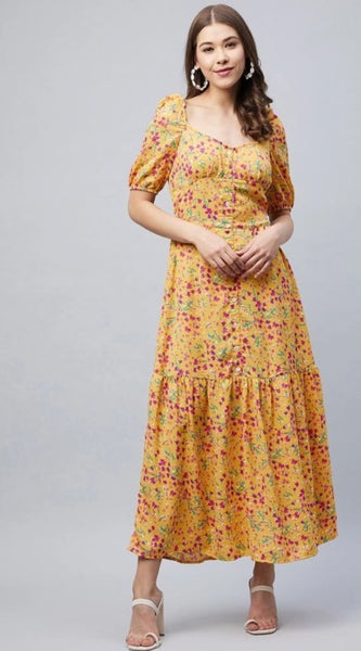 Mayawye Women's Polyester Moss Floral Square Neck Half Sleeve Dress (Pink)