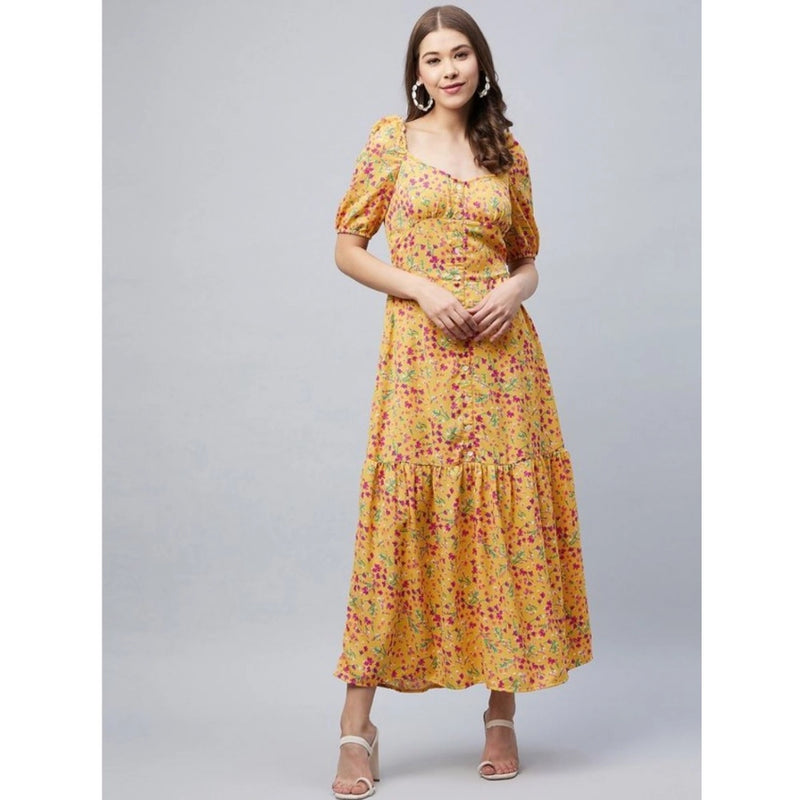 Mayawye Women's Polyester Moss Floral Square Neck Half Sleeve Dress (Pink)