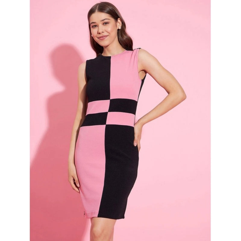 Mayawye Women's Polyester Lycra Color Blocking Round Neck Sleeveless Dress (Pink-Black)