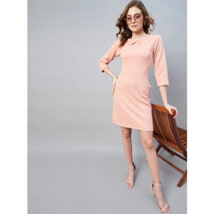 Mayawye Women's Polyester Jacquard Self Design Round Neck 3/4th Sleeves Dress (Pink)