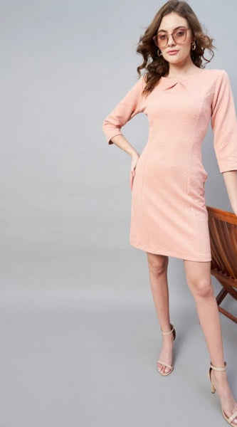 Mayawye Women's Polyester Jacquard Self Design Round Neck 3/4th Sleeves Dress (Pink)