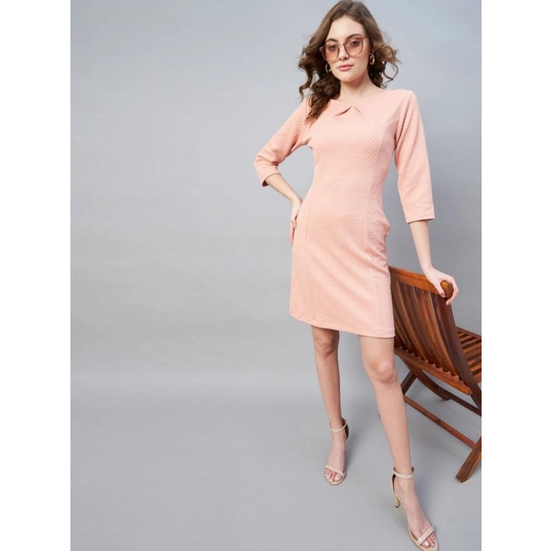 Mayawye Women's Polyester Jacquard Self Design Round Neck 3/4th Sleeves Dress (Pink)