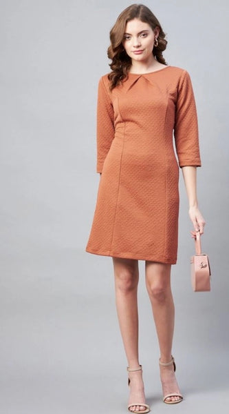 Mayawye Women's Polyester Jacquard Self Design Round Neck 3/4th Sleeves Dress (Rust)