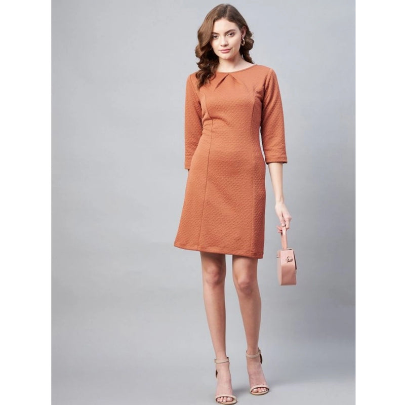 Mayawye Women's Polyester Jacquard Self Design Round Neck 3/4th Sleeves Dress (Rust)