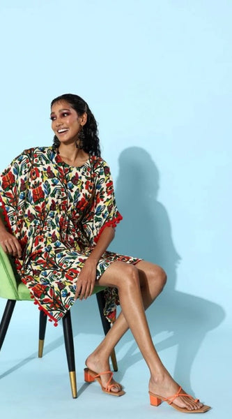 Mayawye Women's Polyester Moss Printed Round Neck Kaftan Sleeve Dress (Multicolor)