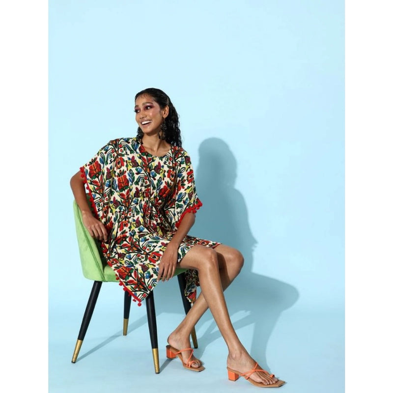 Mayawye Women's Polyester Moss Printed Round Neck Kaftan Sleeve Dress (Multicolor)