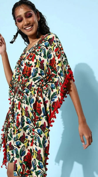 Mayawye Women's Polyester Moss Printed Round Neck Kaftan Sleeve Dress (Multicolor)