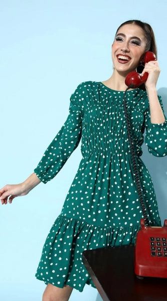 Mayawye Women's Polyester Moss Polka Round Neck 3/4th Sleeves Dress (Green)