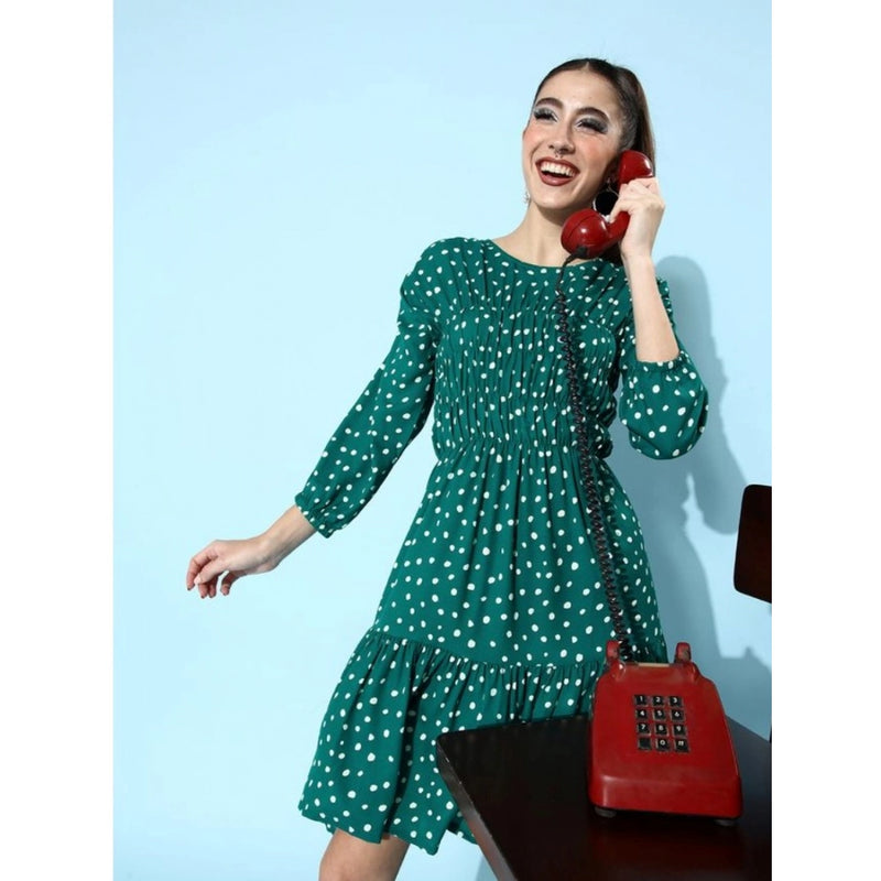 Mayawye Women's Polyester Moss Polka Round Neck 3/4th Sleeves Dress (Green)