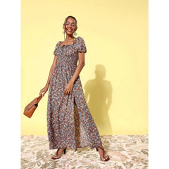 Mayawye Women's Polyester Moss Floral Square Neck Puff Sleeve Dress (Multicolor)