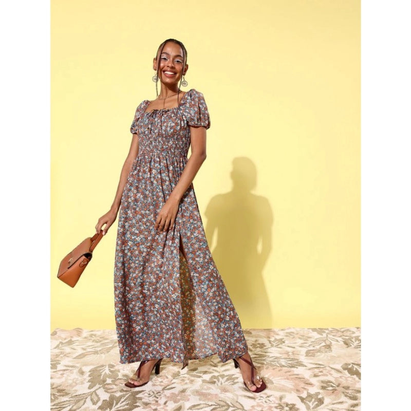 Mayawye Women's Polyester Moss Floral Square Neck Puff Sleeve Dress (Multicolor)