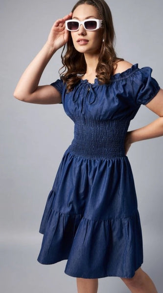 Mayawye Women's Denim Solid Off-Shoulder Short Sleeve Dress (Blue)