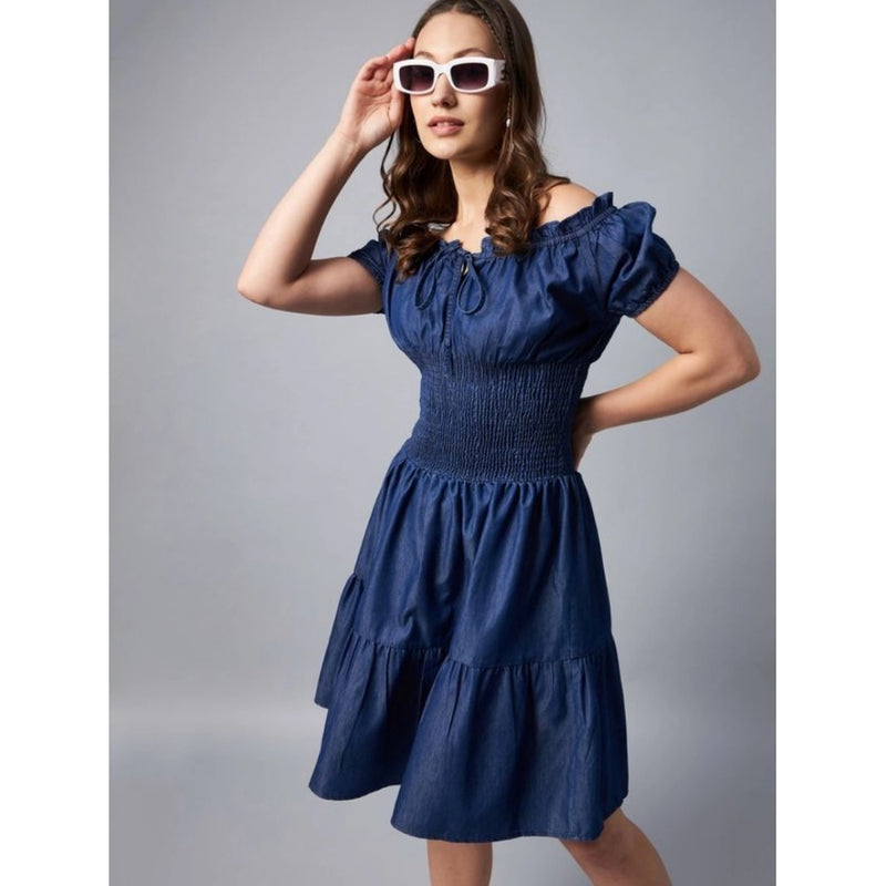 Mayawye Women's Denim Solid Off-Shoulder Short Sleeve Dress (Blue)