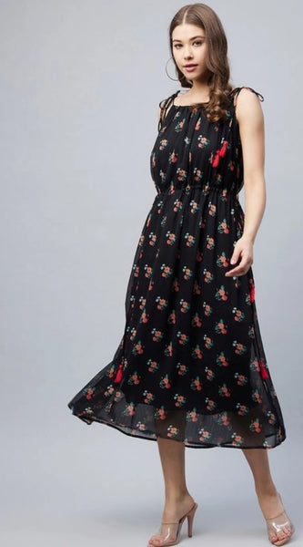 Mayawye Women's Chiffon Floral Square Neck Sleeveless Dress (Black)