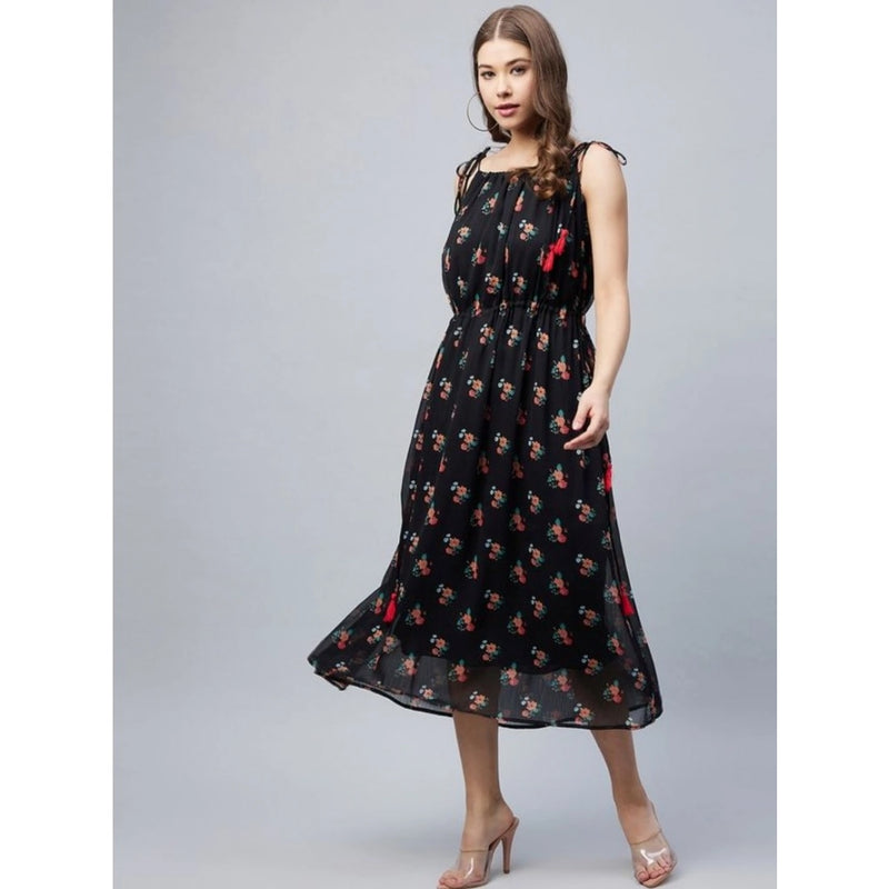 Mayawye Women's Chiffon Floral Square Neck Sleeveless Dress (Black)