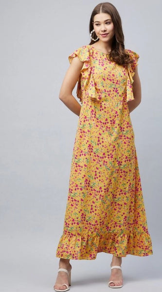 Mayawye Women's Polyester Floral Round Neck Flutter Dress (Red)
