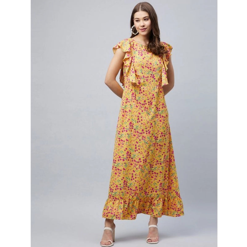 Mayawye Women's Polyester Floral Round Neck Flutter Dress (Red)