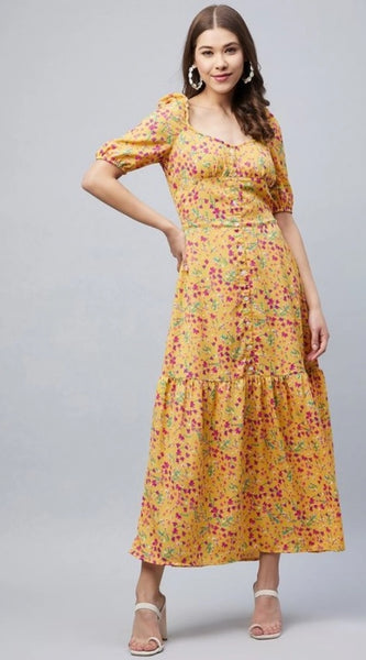 Mayawye Women's Polyester Moss Floral Square Neck Half Sleeve Dress (Pink)