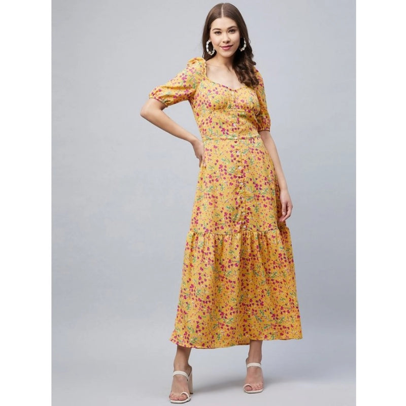 Mayawye Women's Polyester Moss Floral Square Neck Half Sleeve Dress (Pink)
