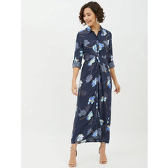 Mayawye Women's Rayon Floral Collar Neck Long Sleeves Dress (Blue)