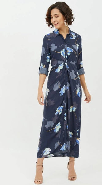 Mayawye Women's Rayon Floral Collar Neck Long Sleeves Dress (Blue)