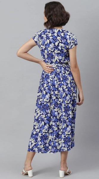 Mayawye Women's Polyester Floral V-Neck Short Sleeve Dress (Purple-White)