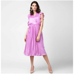 Mayawye Women's Polyester Pleated V-Neck Flutter Dress (Lavender)