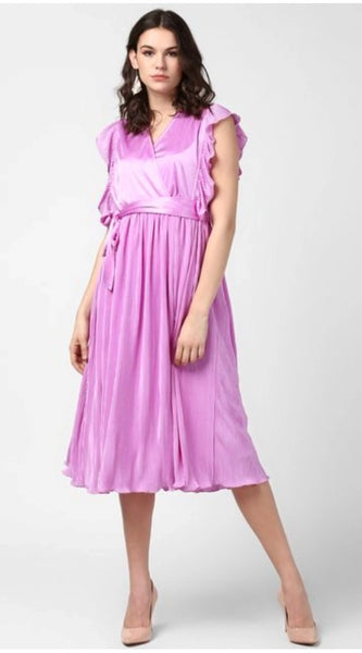 Mayawye Women's Polyester Pleated V-Neck Flutter Dress (Lavender)