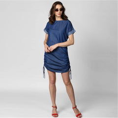 Mayawye Women's Denim Solid Close Neck Short Sleeve Dress (Blue)