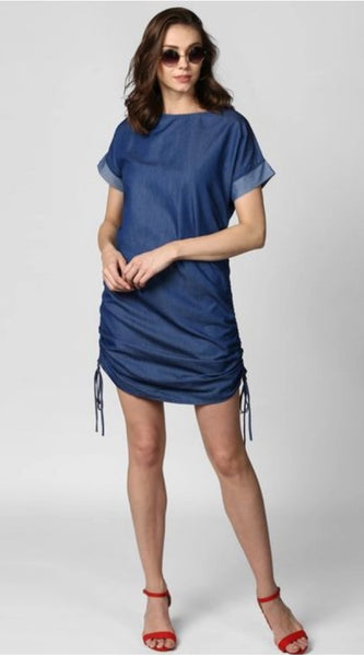 Mayawye Women's Denim Solid Close Neck Short Sleeve Dress (Blue)