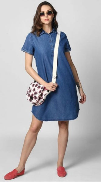 Mayawye Women's Denim Solid Collar Neck Short Sleeve Dress (Blue)
