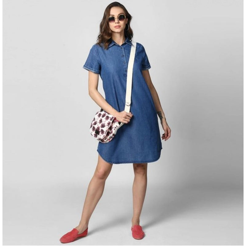 Mayawye Women's Denim Solid Collar Neck Short Sleeve Dress (Blue)