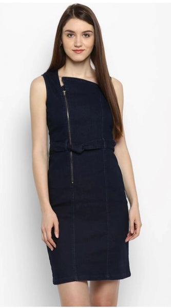 Mayawye Women's Denim Solid Square Neck Sleeveless Dress (Blue)