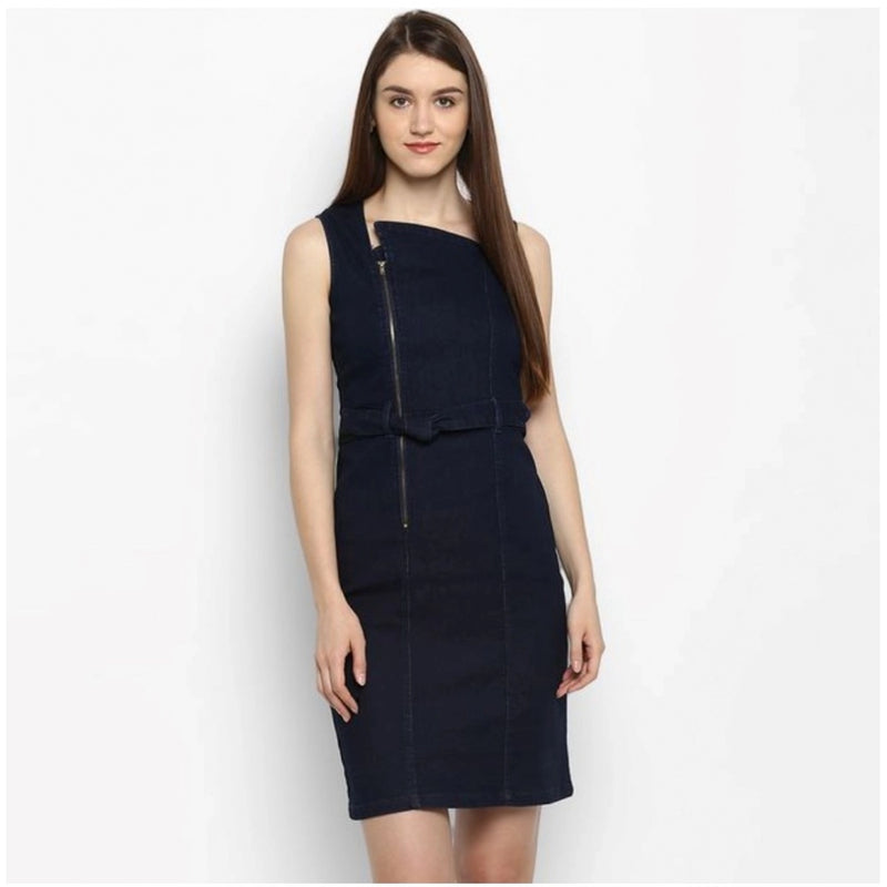 Mayawye Women's Denim Solid Square Neck Sleeveless Dress (Blue)