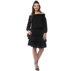 Mayawye Women's Polyester Moss Solid Off-Shoulder Long Sleeves Dress (Black)
