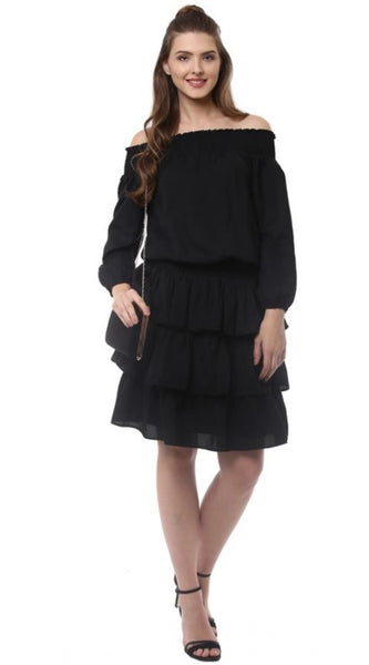 Mayawye Women's Polyester Moss Solid Off-Shoulder Long Sleeves Dress (Black)