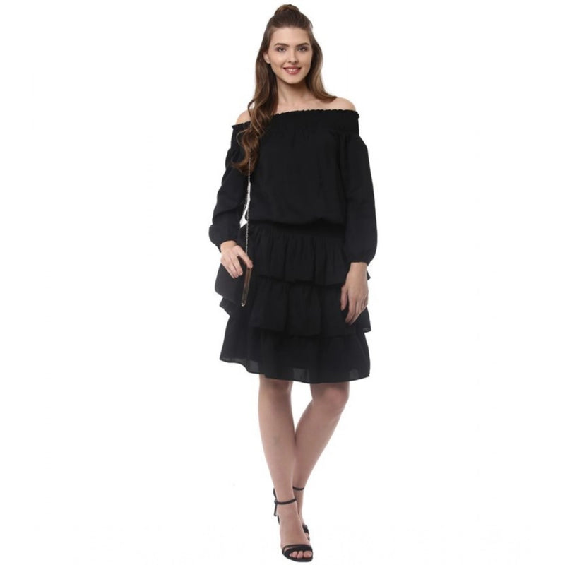 Mayawye Women's Polyester Moss Solid Off-Shoulder Long Sleeves Dress (Black)