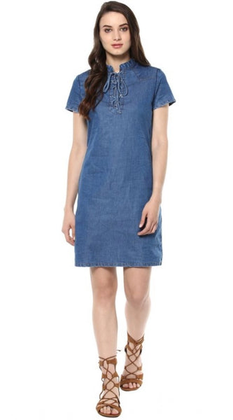 Mayawye Women's Denim Solid Tie-Up Neck Short Sleeve Dress (Blue)