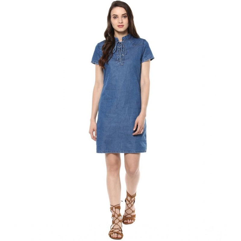 Mayawye Women's Denim Solid Tie-Up Neck Short Sleeve Dress (Blue)